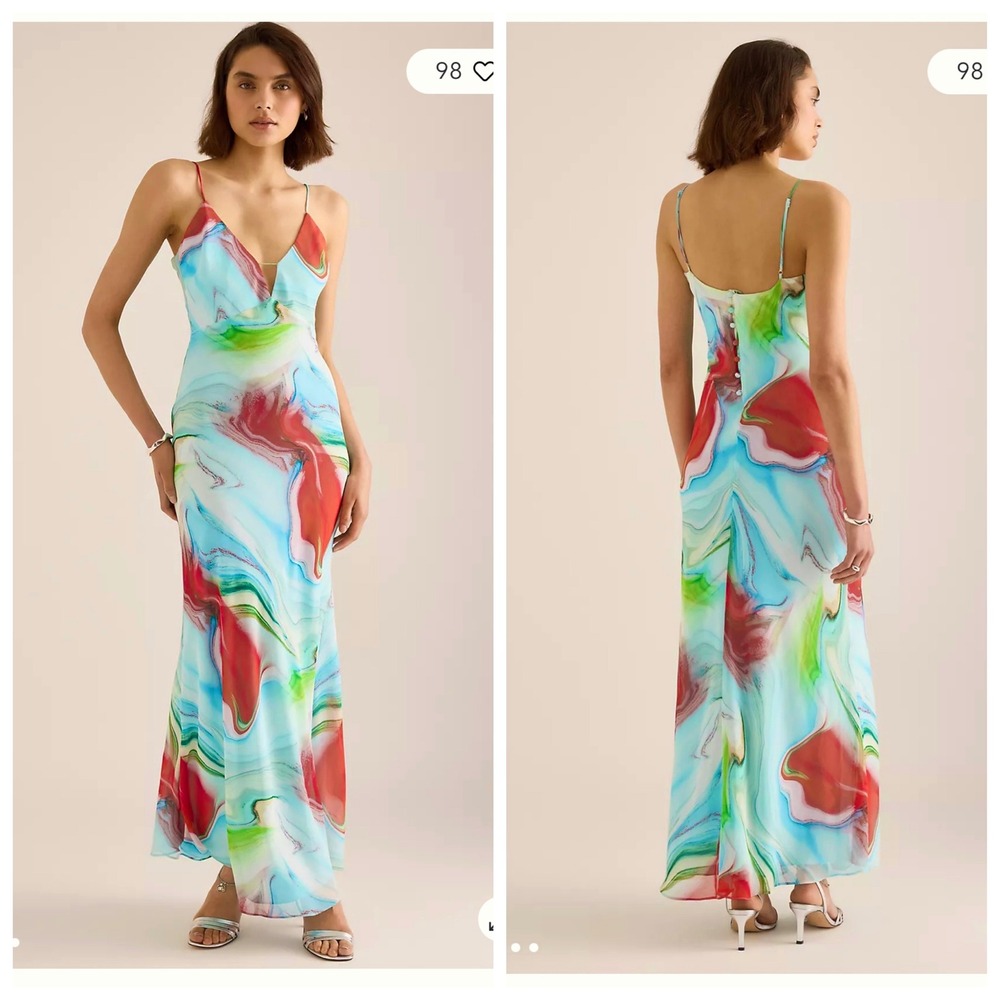 NEW Bardot Suri Maxi Slip Dress Size 8 Blue Tie Dye artsy boho beach abstract